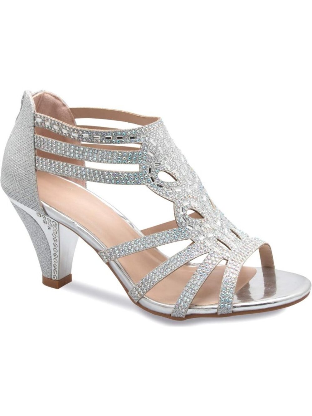 Women's Silver Rhinestone Strappy Open Toe Low Cone Heel Wedding Sandals